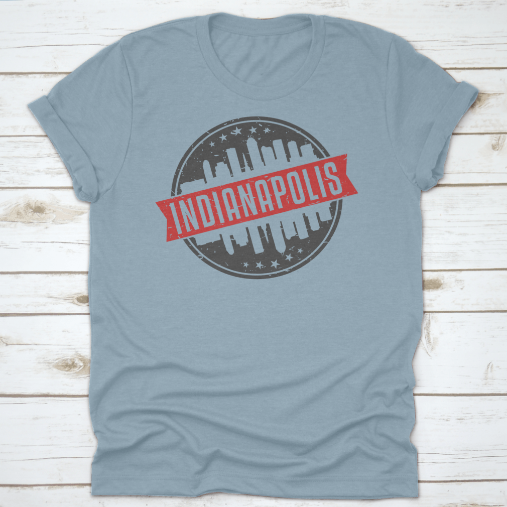 Indianapolis Indiana Round Travel Stamp shirt featuring an iconic skyline design, made from 100% cotton for comfort.