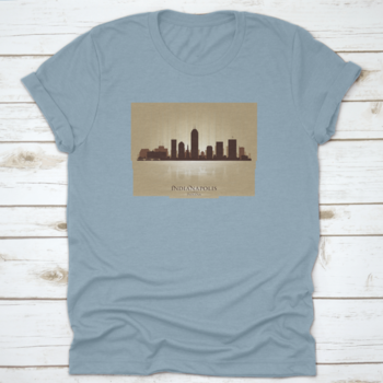 A stylish t-shirt featuring the Indianapolis Indiana skyline silhouette, showcasing iconic buildings in a modern design.