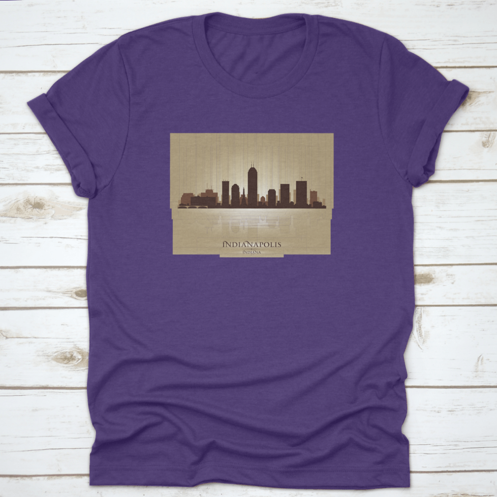 A stylish t-shirt featuring the Indianapolis Indiana skyline silhouette, showcasing iconic buildings in a modern design.