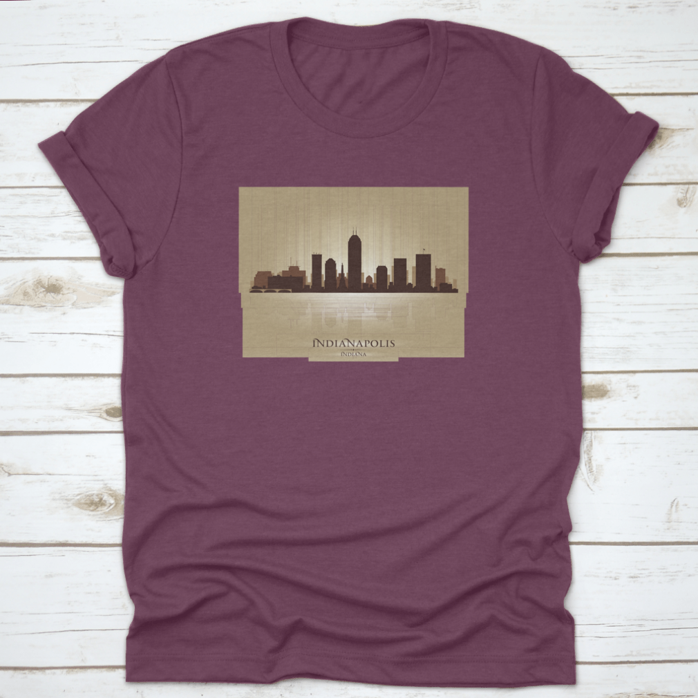 A stylish t-shirt featuring the Indianapolis Indiana skyline silhouette, showcasing iconic buildings in a modern design.