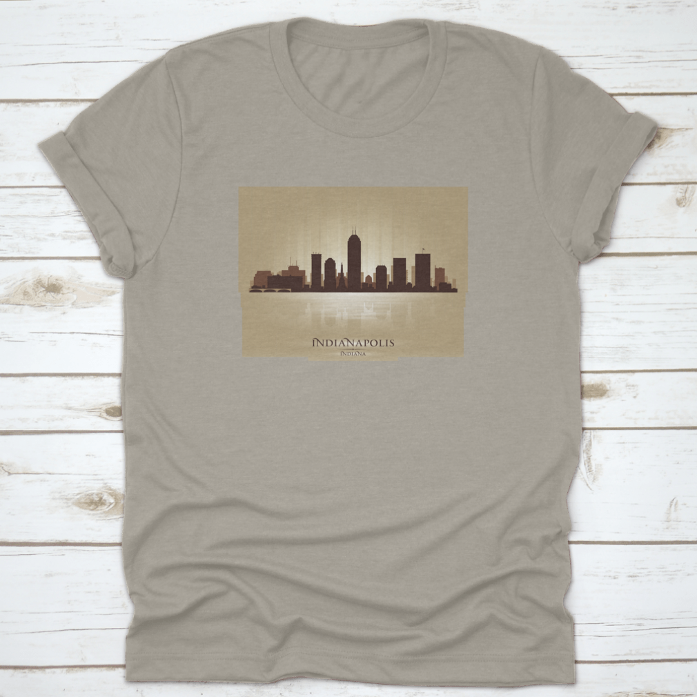 A stylish t-shirt featuring the Indianapolis Indiana skyline silhouette, showcasing iconic buildings in a modern design.