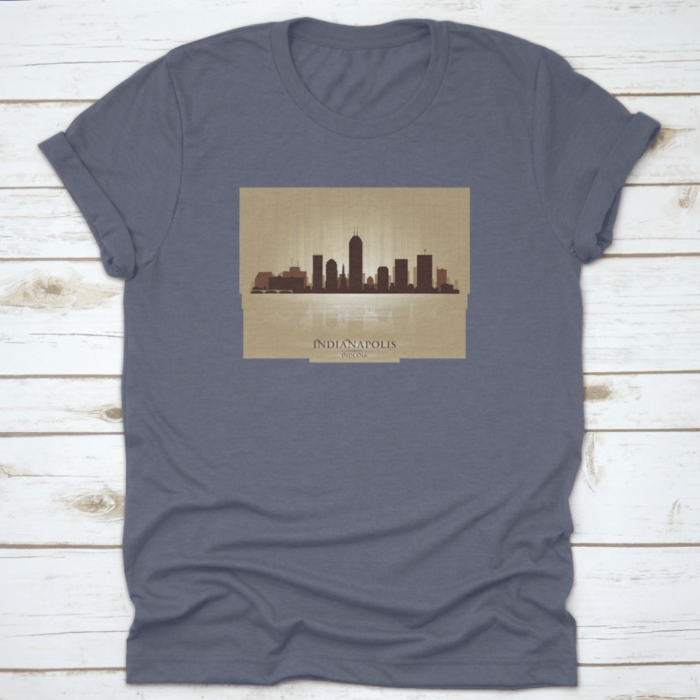 A stylish t-shirt featuring the Indianapolis Indiana skyline silhouette, showcasing iconic buildings in a modern design.