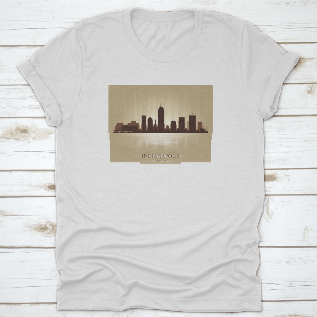 A stylish t-shirt featuring the Indianapolis Indiana skyline silhouette, showcasing iconic buildings in a modern design.