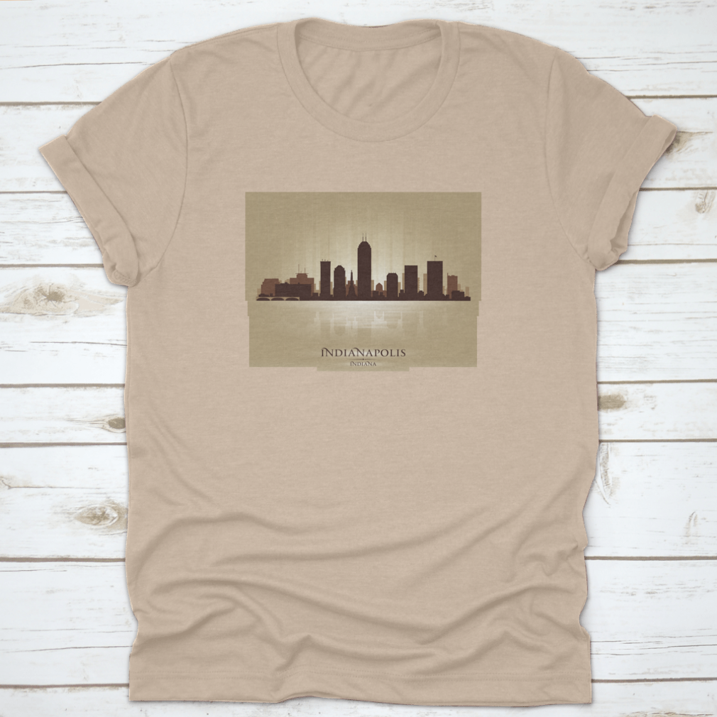 A stylish t-shirt featuring the Indianapolis Indiana skyline silhouette, showcasing iconic buildings in a modern design.