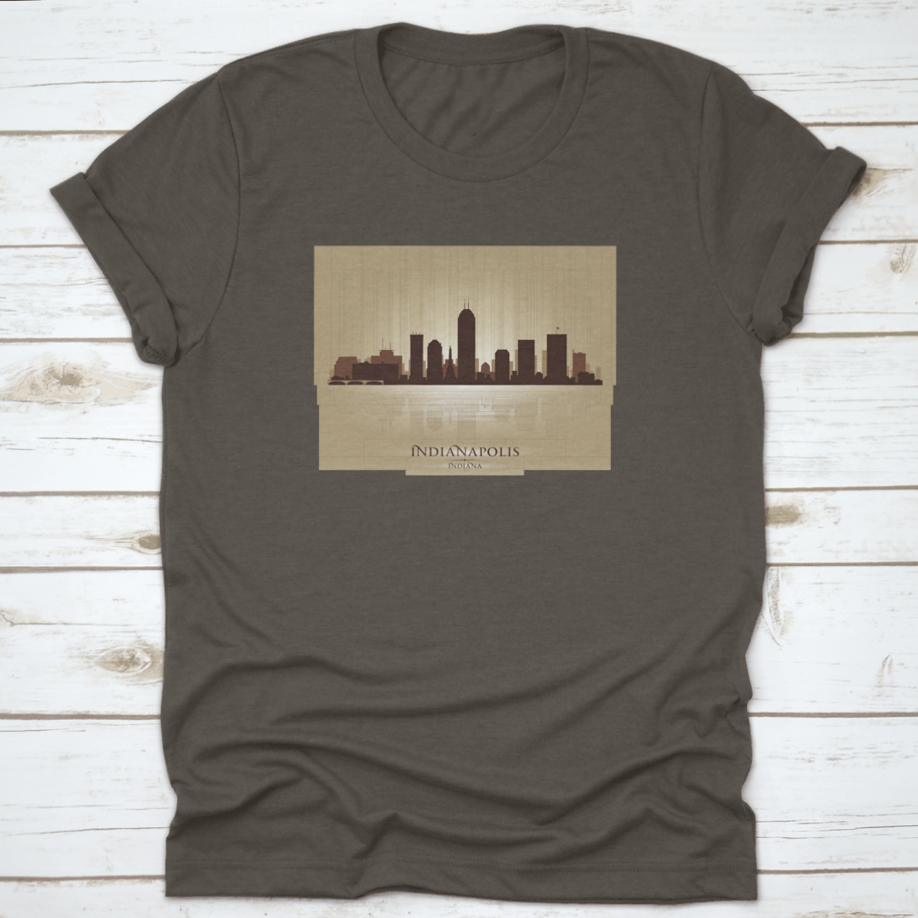 A stylish t-shirt featuring the Indianapolis Indiana skyline silhouette, showcasing iconic buildings in a modern design.