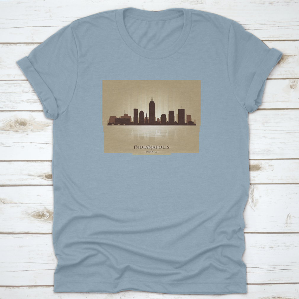 A stylish t-shirt featuring the Indianapolis Indiana skyline silhouette, showcasing iconic buildings in a modern design.