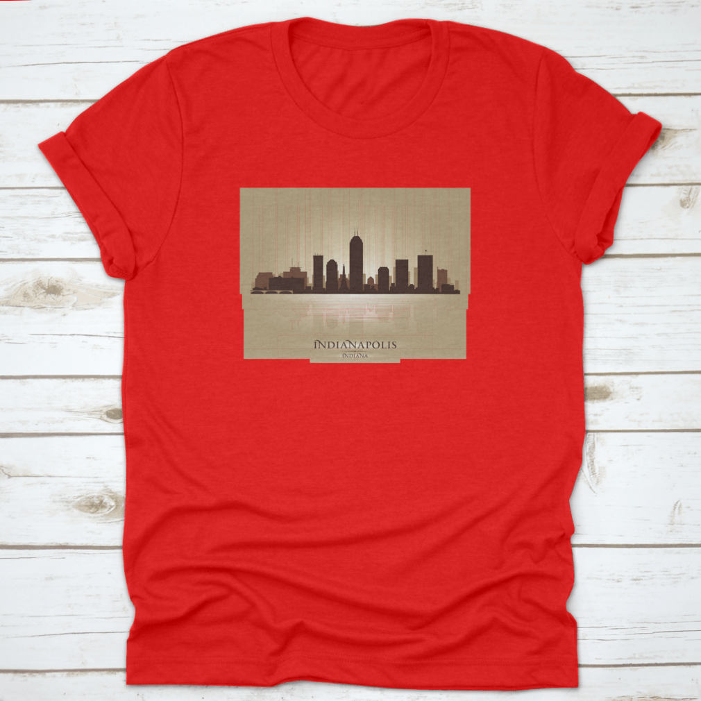 A stylish t-shirt featuring the Indianapolis Indiana skyline silhouette, showcasing iconic buildings in a modern design.