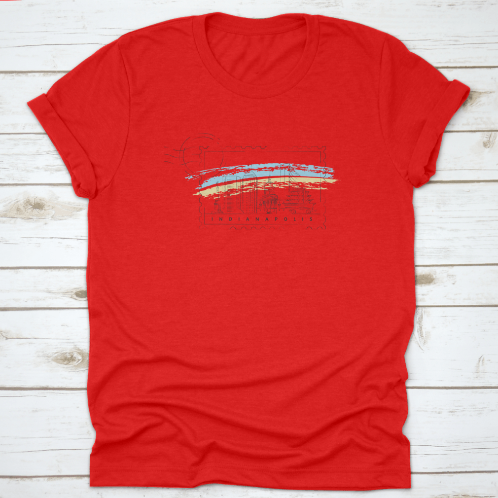 A detailed vector illustration of the Indianapolis skyline with typography, showcasing iconic buildings and landmarks.