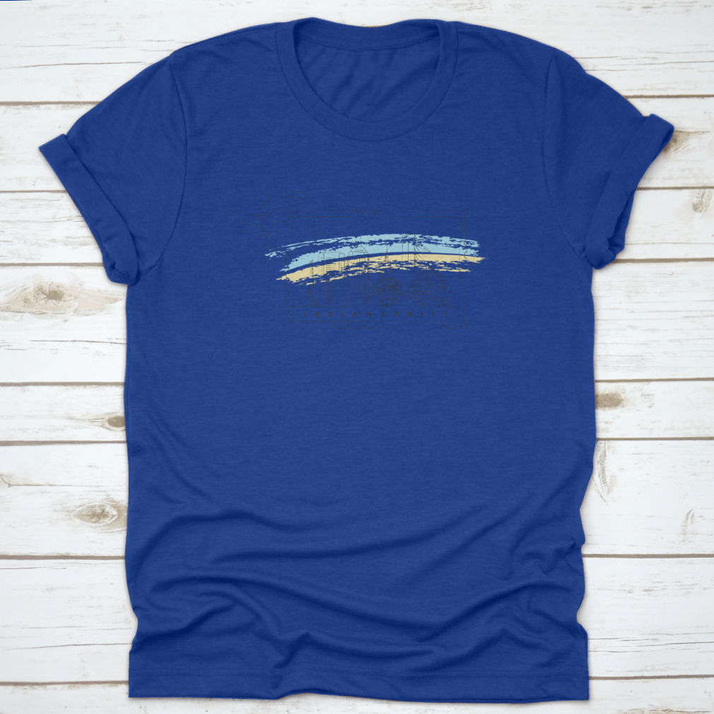 A detailed vector illustration of the Indianapolis skyline with typography, showcasing iconic buildings and landmarks.