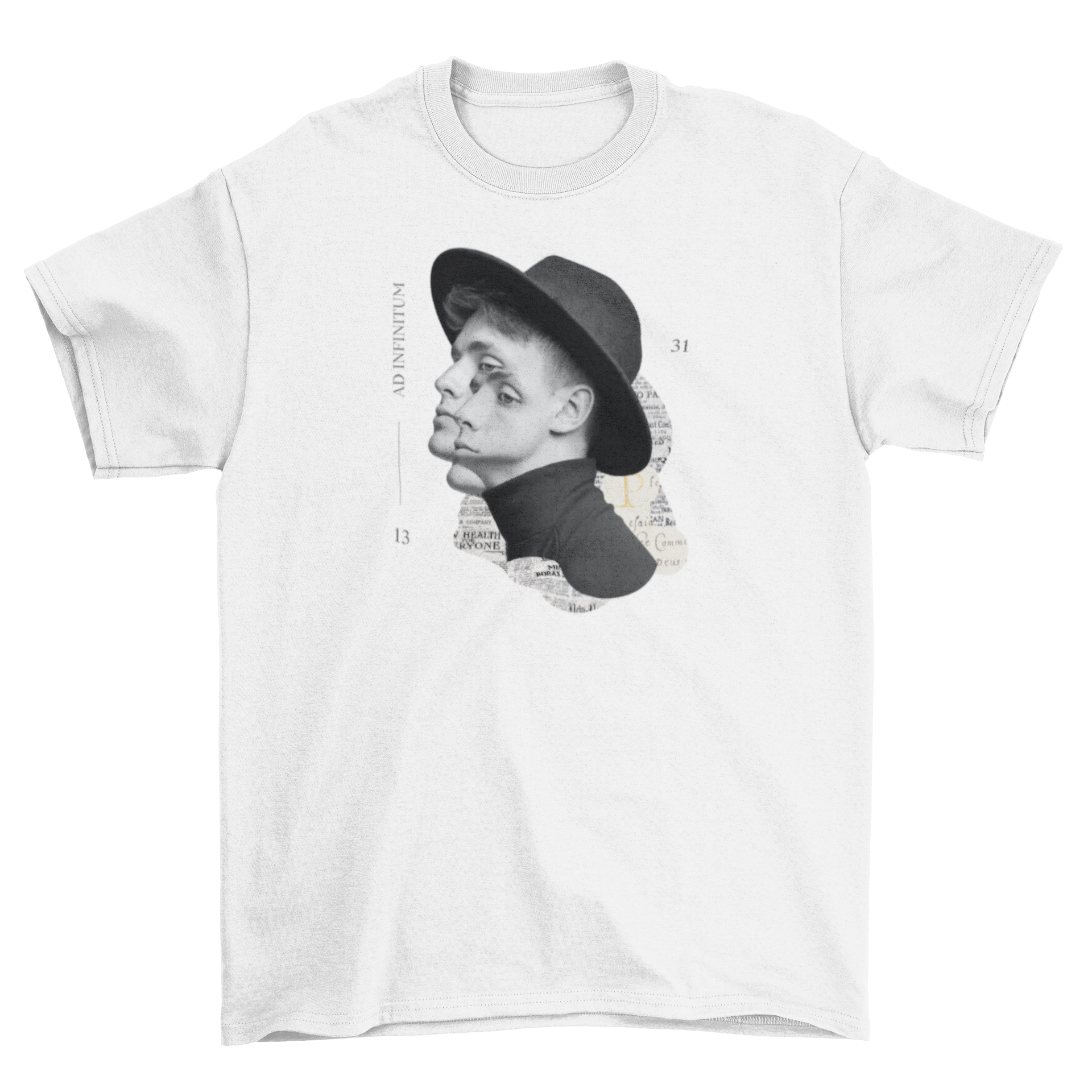 A stylish t-shirt featuring an infinite collage of a man wearing a fashionable hat, showcasing unique artistic design.