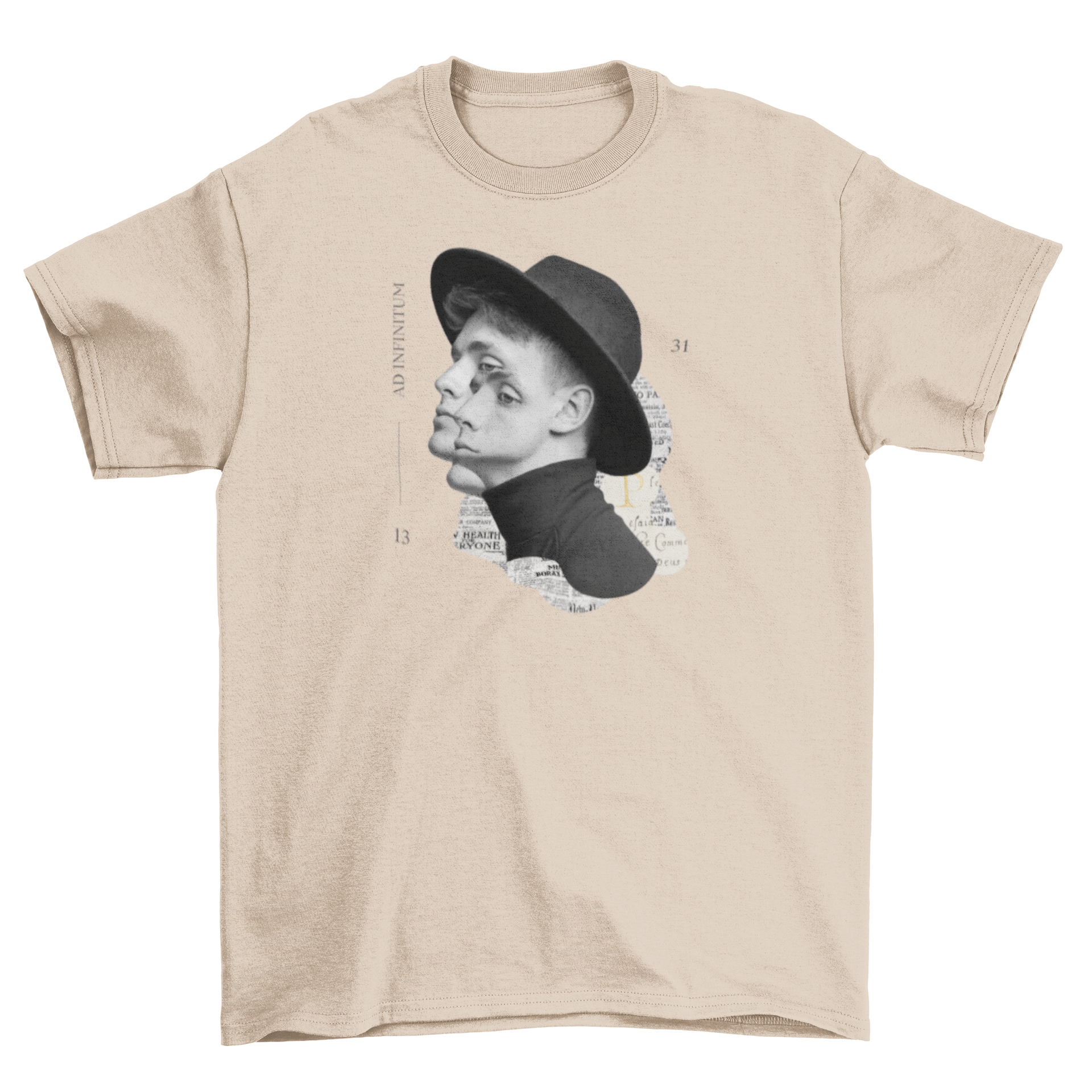A stylish t-shirt featuring an infinite collage of a man wearing a fashionable hat, showcasing unique artistic design.