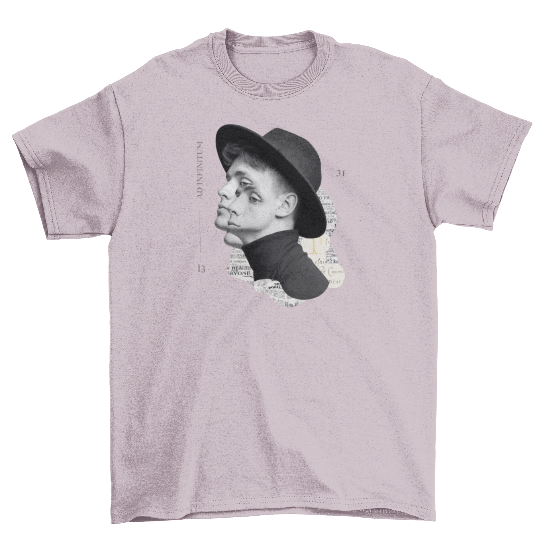 A stylish t-shirt featuring an infinite collage of a man wearing a fashionable hat, showcasing unique artistic design.