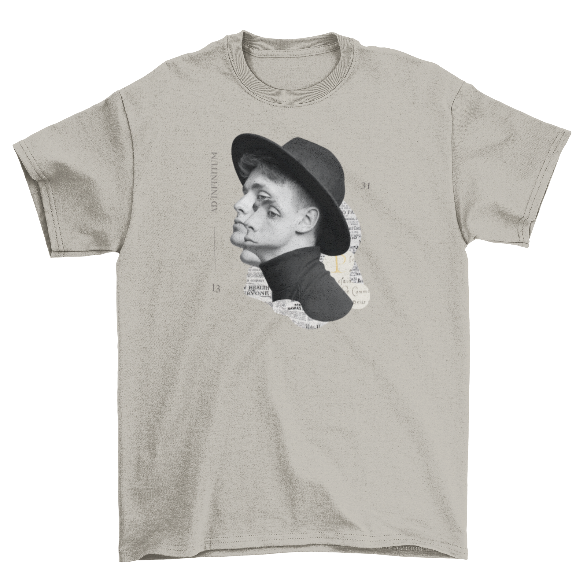 A stylish t-shirt featuring an infinite collage of a man wearing a fashionable hat, showcasing unique artistic design.