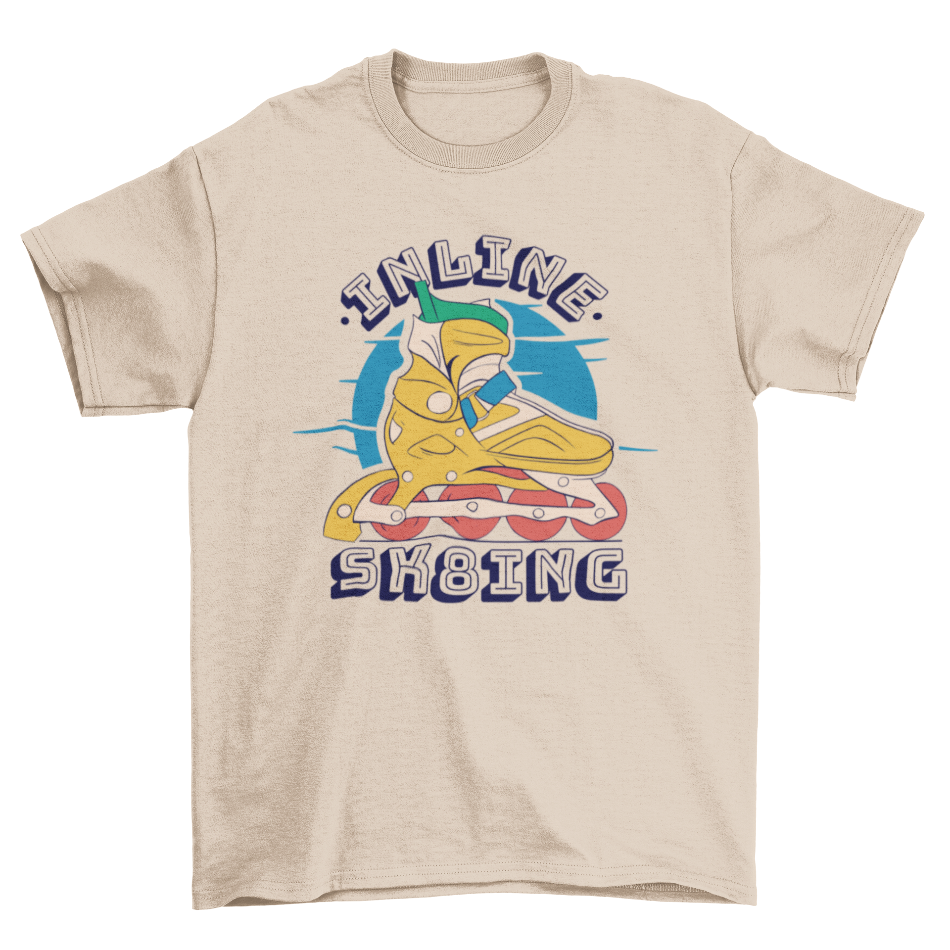 A stylish T-shirt featuring a retro roller skate illustration and the text INLINE SK8ING, perfect for skating enthusiasts.