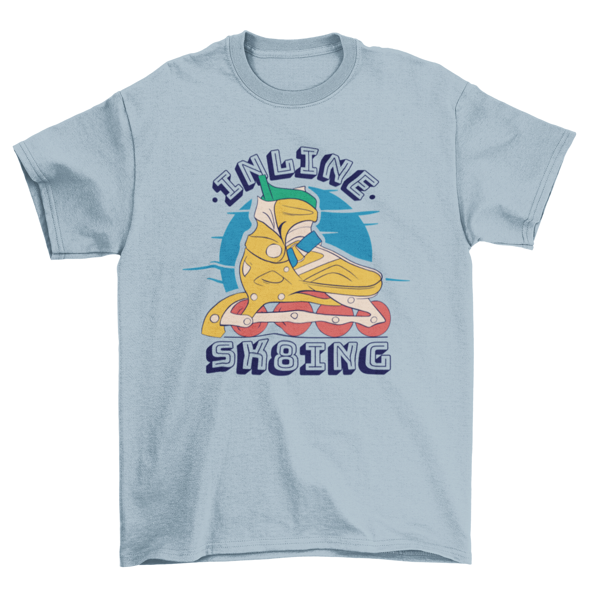 A stylish T-shirt featuring a retro roller skate illustration and the text INLINE SK8ING, perfect for skating enthusiasts.