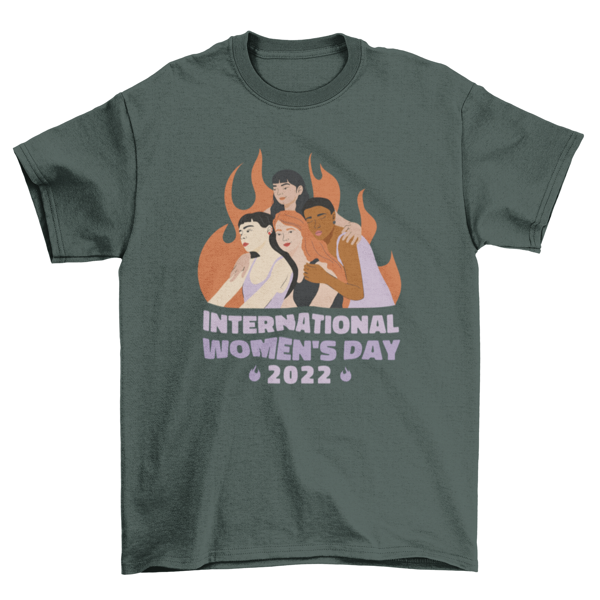 A vibrant International Women's Day 2022 t-shirt featuring women holding each other with a motivational quote.