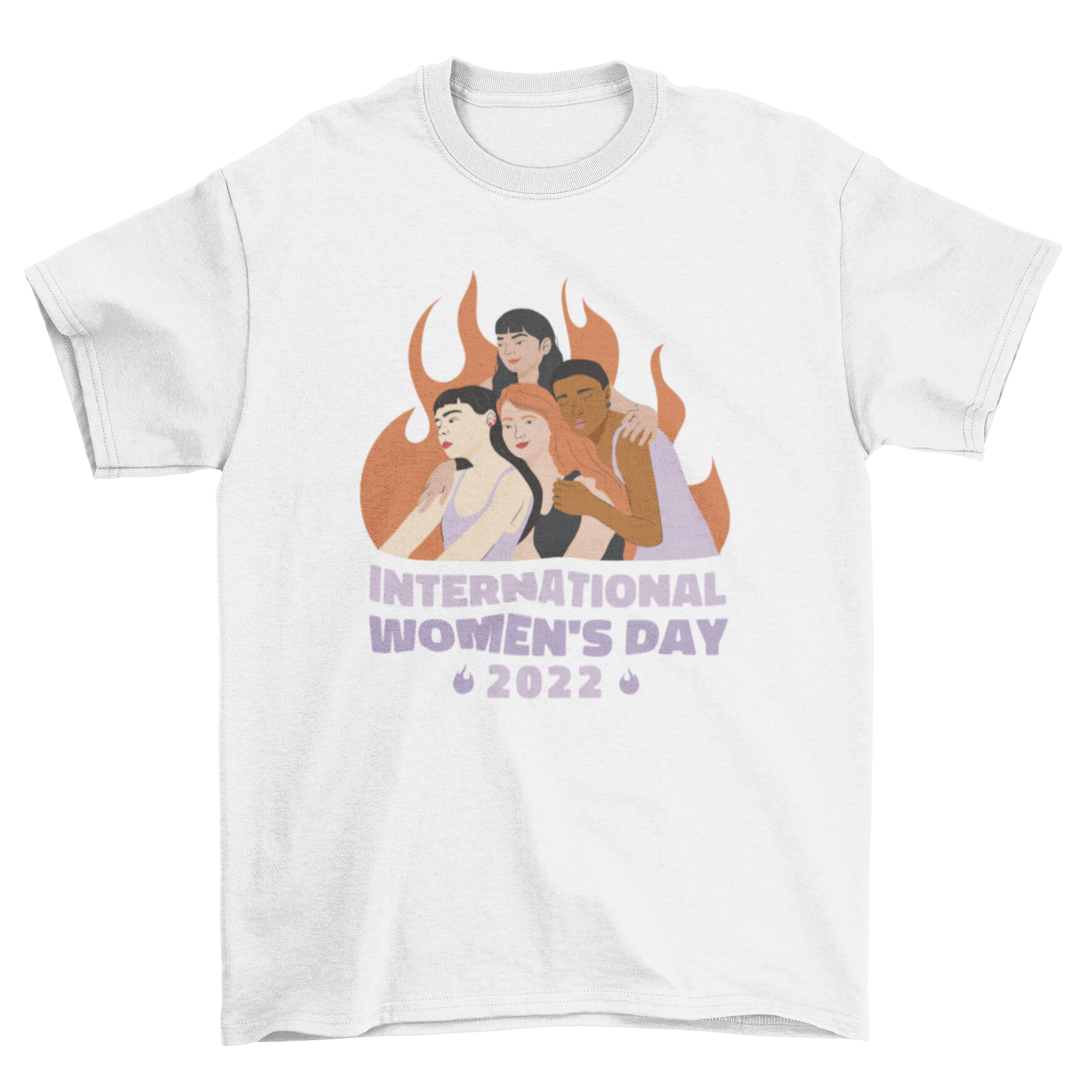 A vibrant International Women's Day 2022 t-shirt featuring women holding each other with a motivational quote.