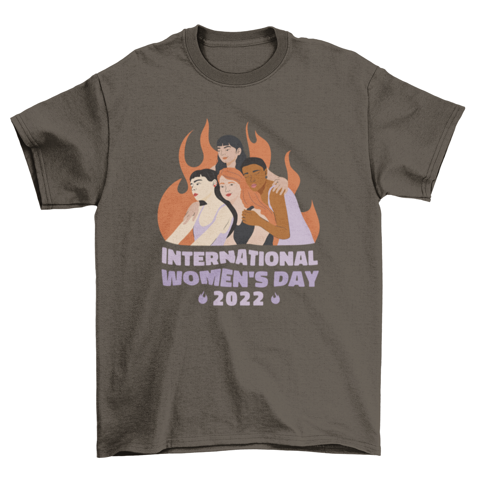 A vibrant International Women's Day 2022 t-shirt featuring women holding each other with a motivational quote.