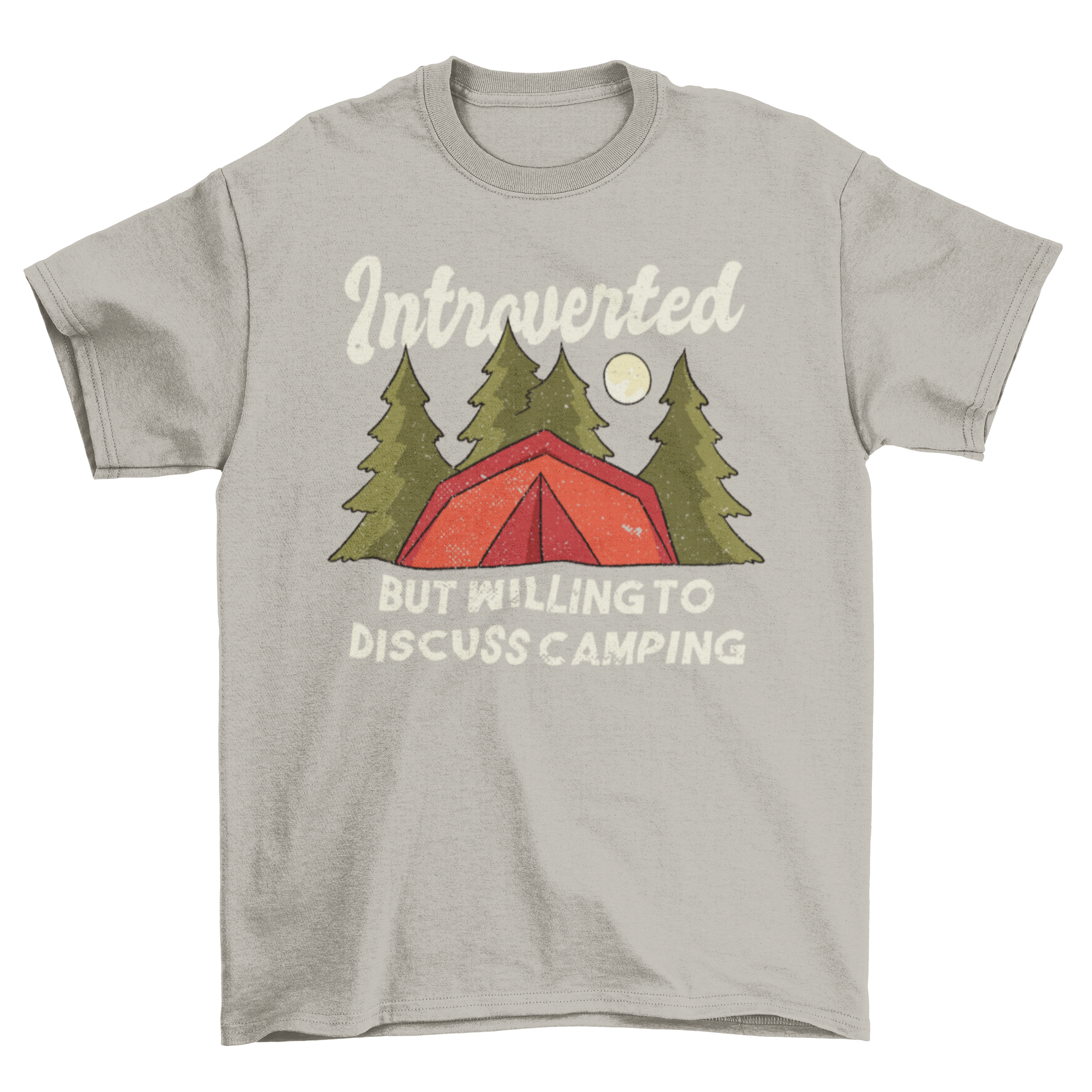A humorous t-shirt featuring the quote 'INTROVERTED - BUT WILLING TO DISCUSS CAMPING' with a camping tent illustration in a forest at night.