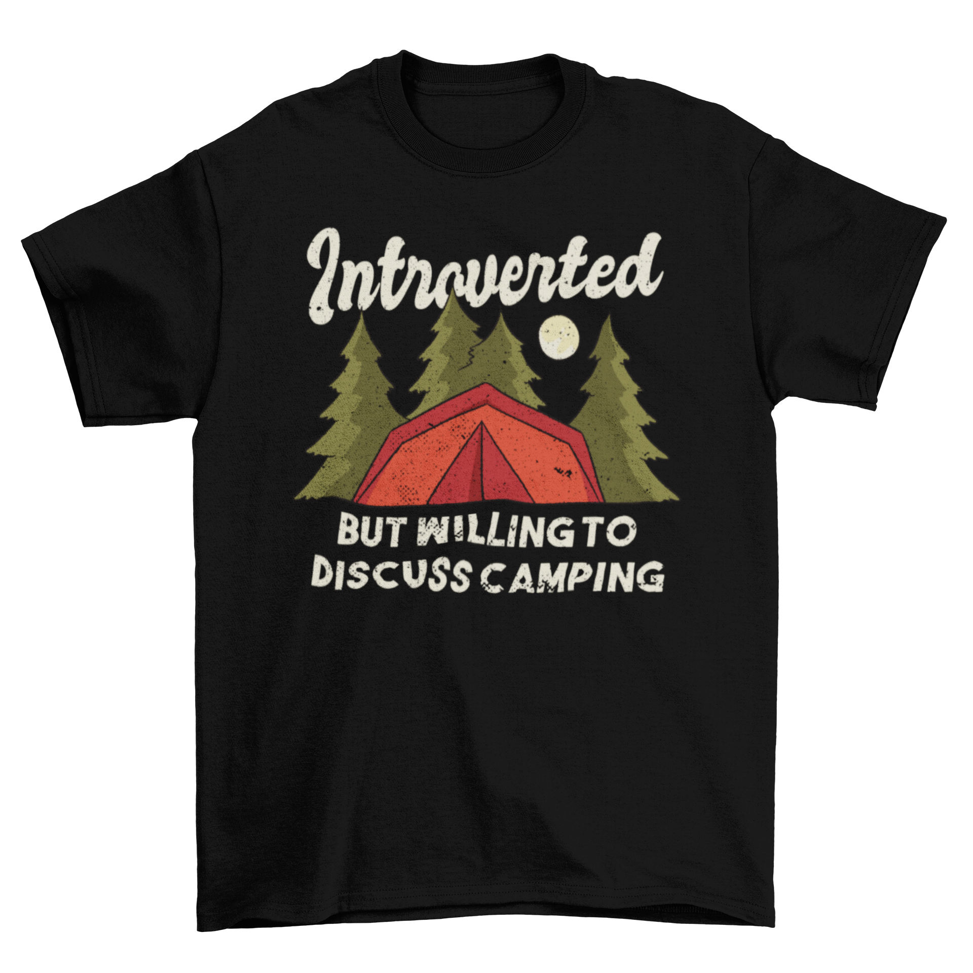 A humorous t-shirt featuring the quote 'INTROVERTED - BUT WILLING TO DISCUSS CAMPING' with a camping tent illustration in a forest at night.