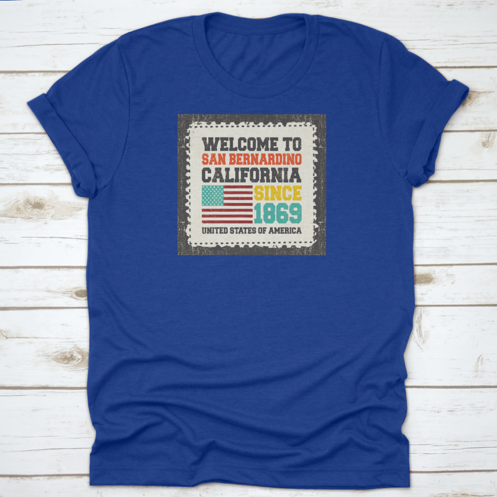 A beautifully designed invitation card welcoming guests to San Bernardino, California, featuring elegant typography and a soft cotton texture.