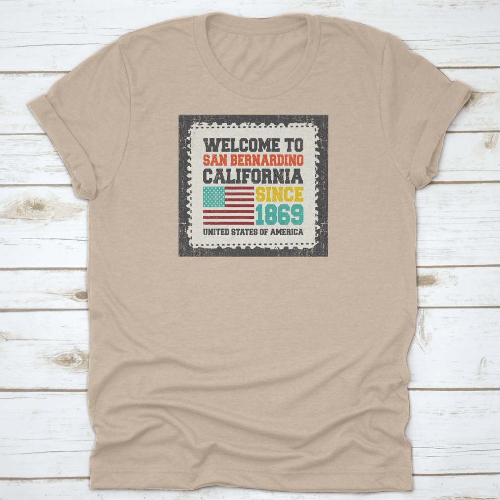 A beautifully designed invitation card welcoming guests to San Bernardino, California, featuring elegant typography and a soft cotton texture.