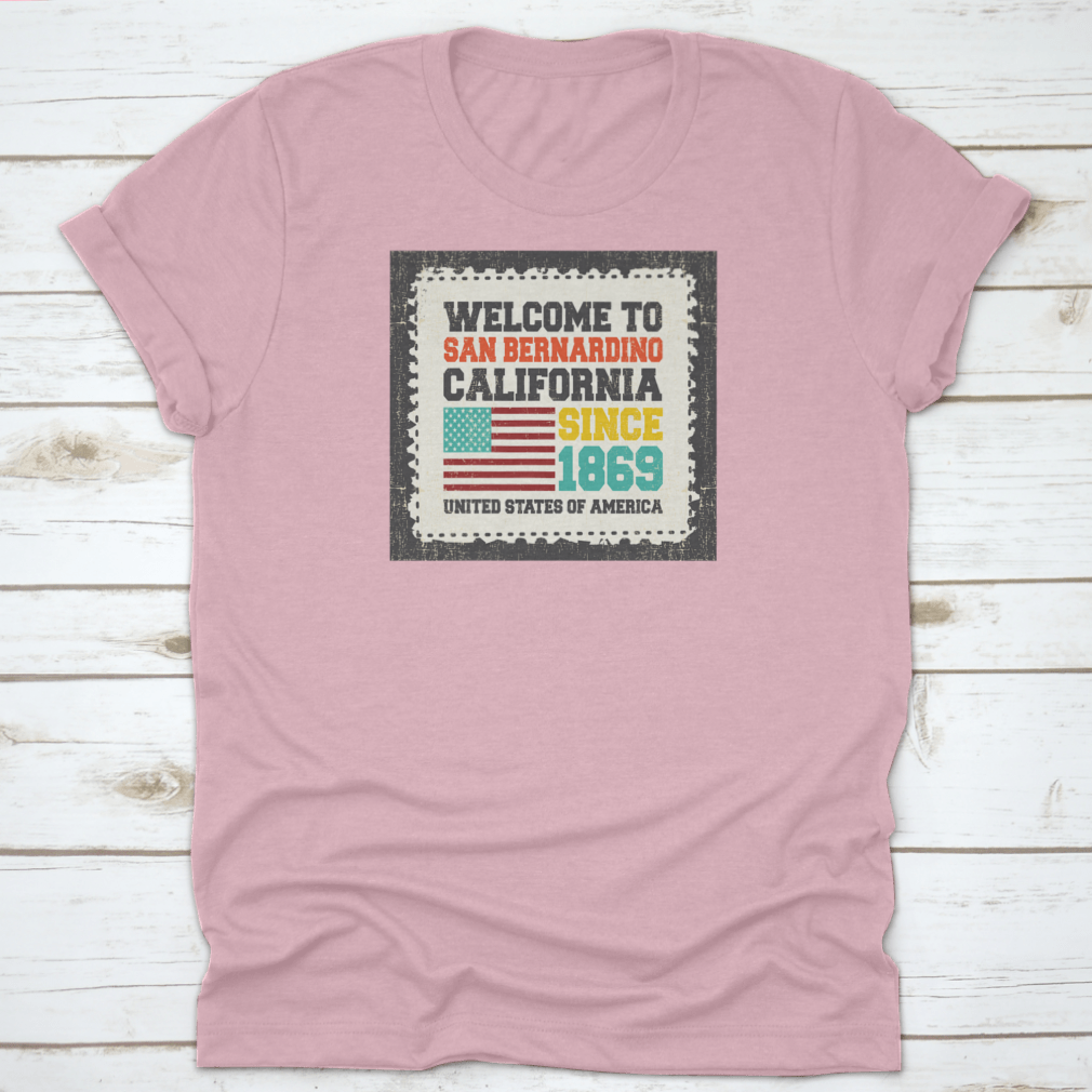 A beautifully designed invitation card welcoming guests to San Bernardino, California, featuring elegant typography and a soft cotton texture.