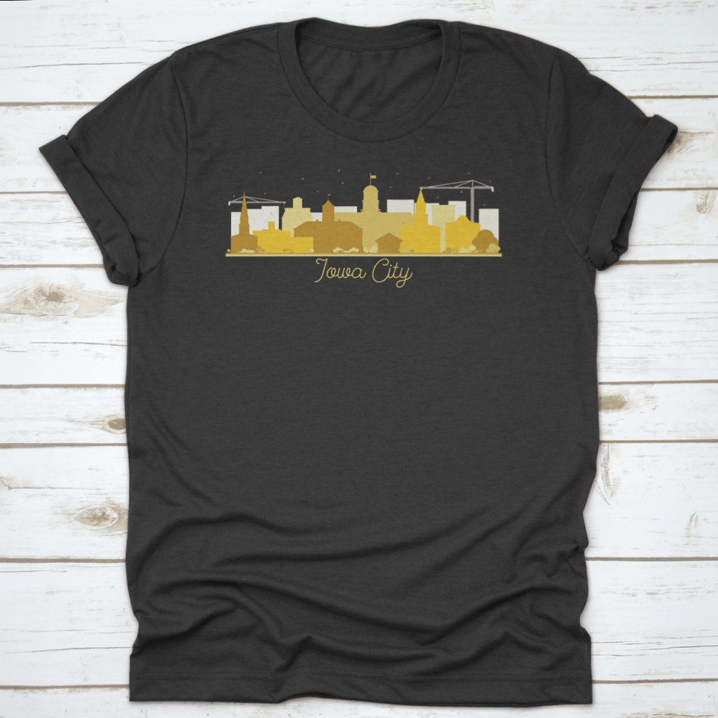 Golden silhouette vector illustration of Iowa City's skyline, showcasing iconic buildings in a flat design.