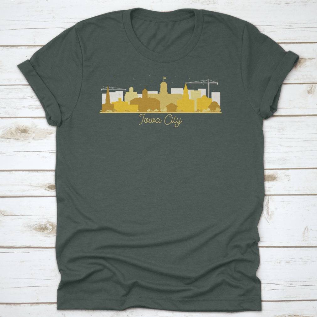 Golden silhouette vector illustration of Iowa City's skyline, showcasing iconic buildings in a flat design.
