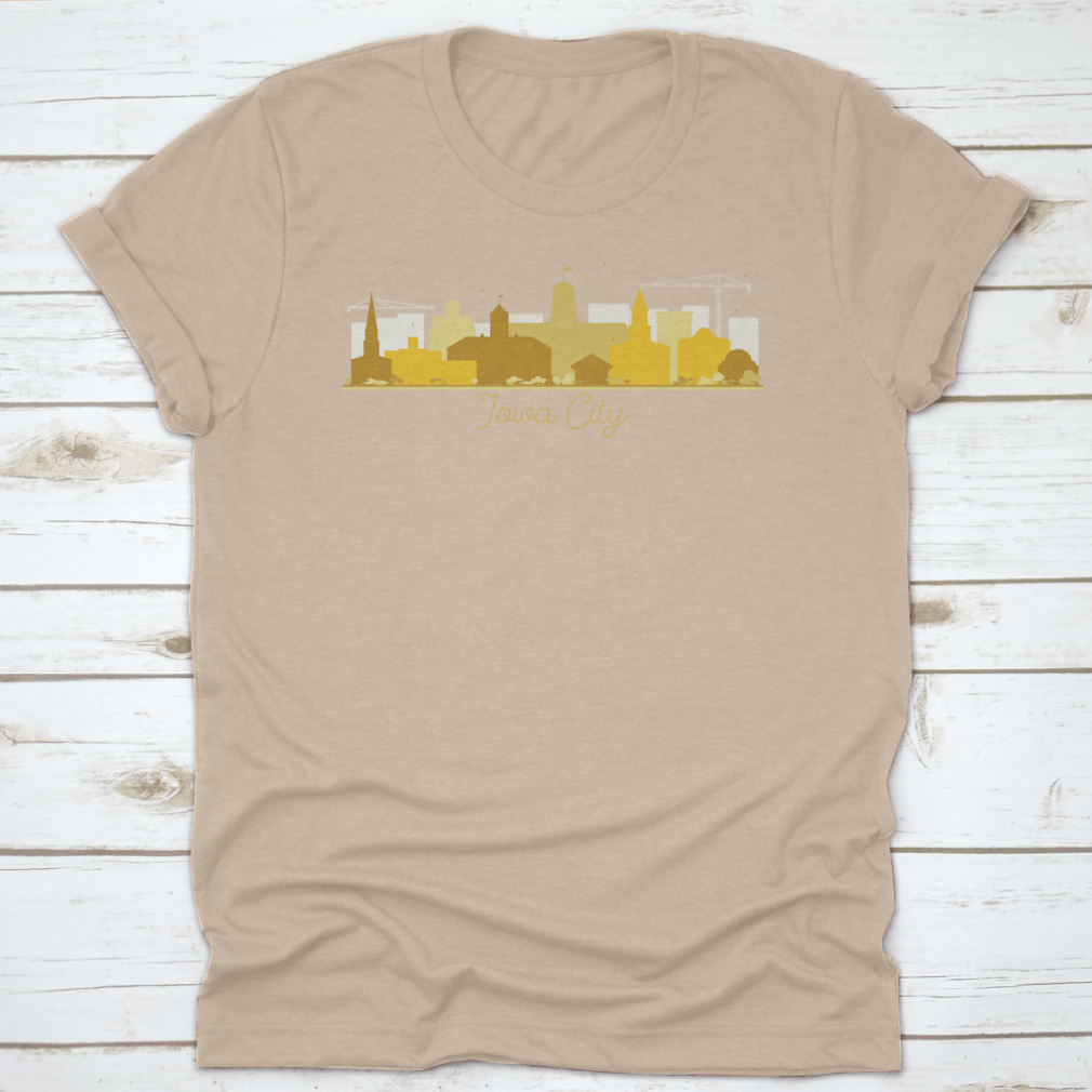 Golden silhouette vector illustration of Iowa City's skyline, showcasing iconic buildings in a flat design.