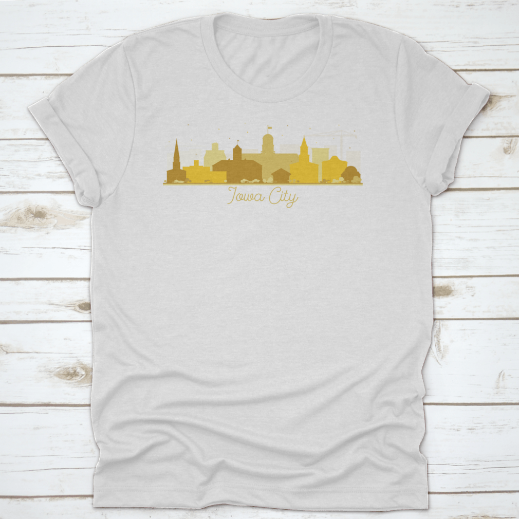 Golden silhouette vector illustration of Iowa City's skyline, showcasing iconic buildings in a flat design.