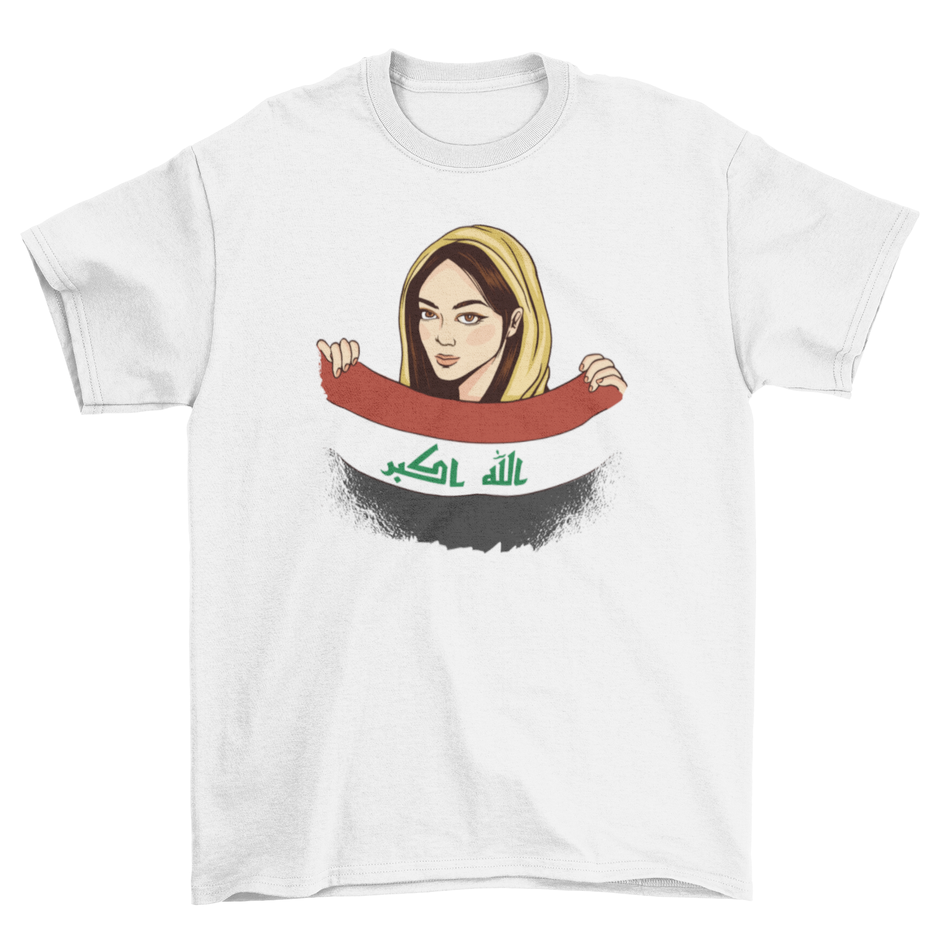 Irak Girl T-shirt featuring an Iraqi woman holding the Iraq flag, showcasing cultural pride.