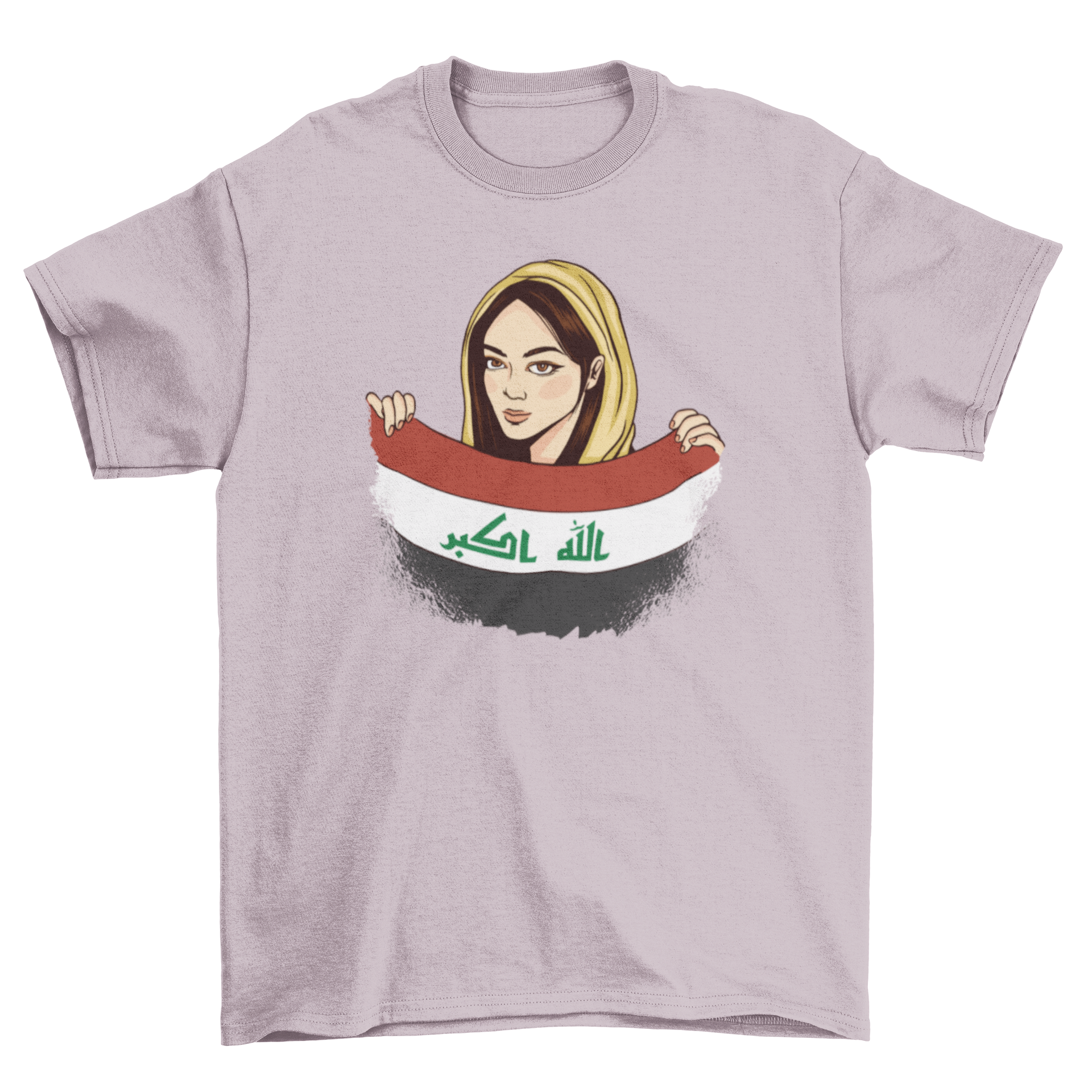 Irak Girl T-shirt featuring an Iraqi woman holding the Iraq flag, showcasing cultural pride.