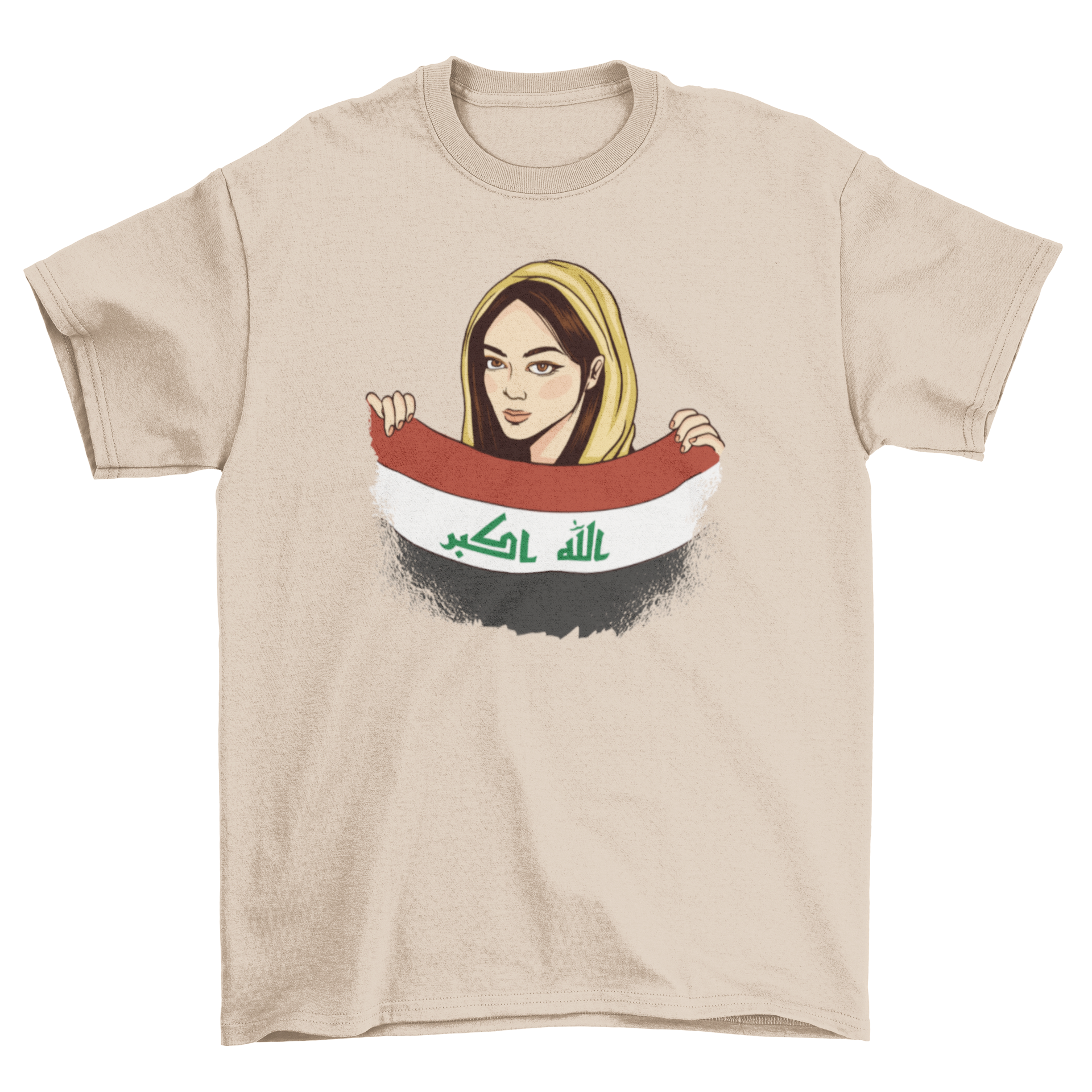 Irak Girl T-shirt featuring an Iraqi woman holding the Iraq flag, showcasing cultural pride.