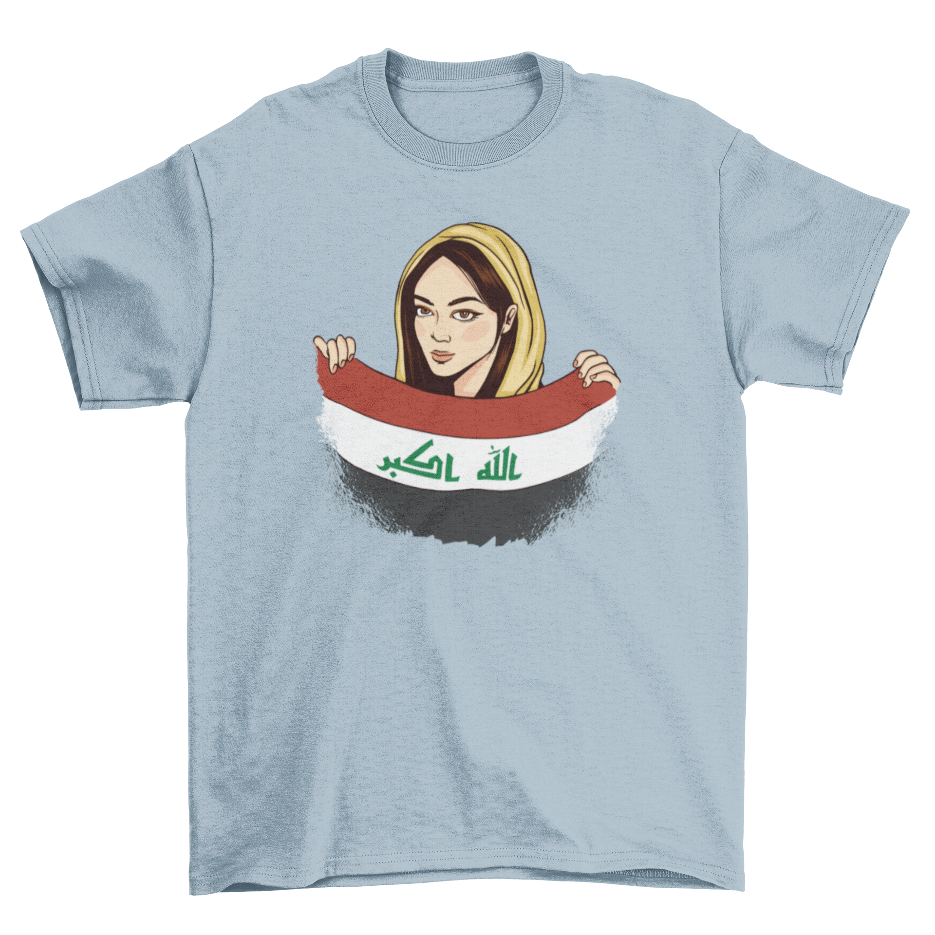 Irak Girl T-shirt featuring an Iraqi woman holding the Iraq flag, showcasing cultural pride.