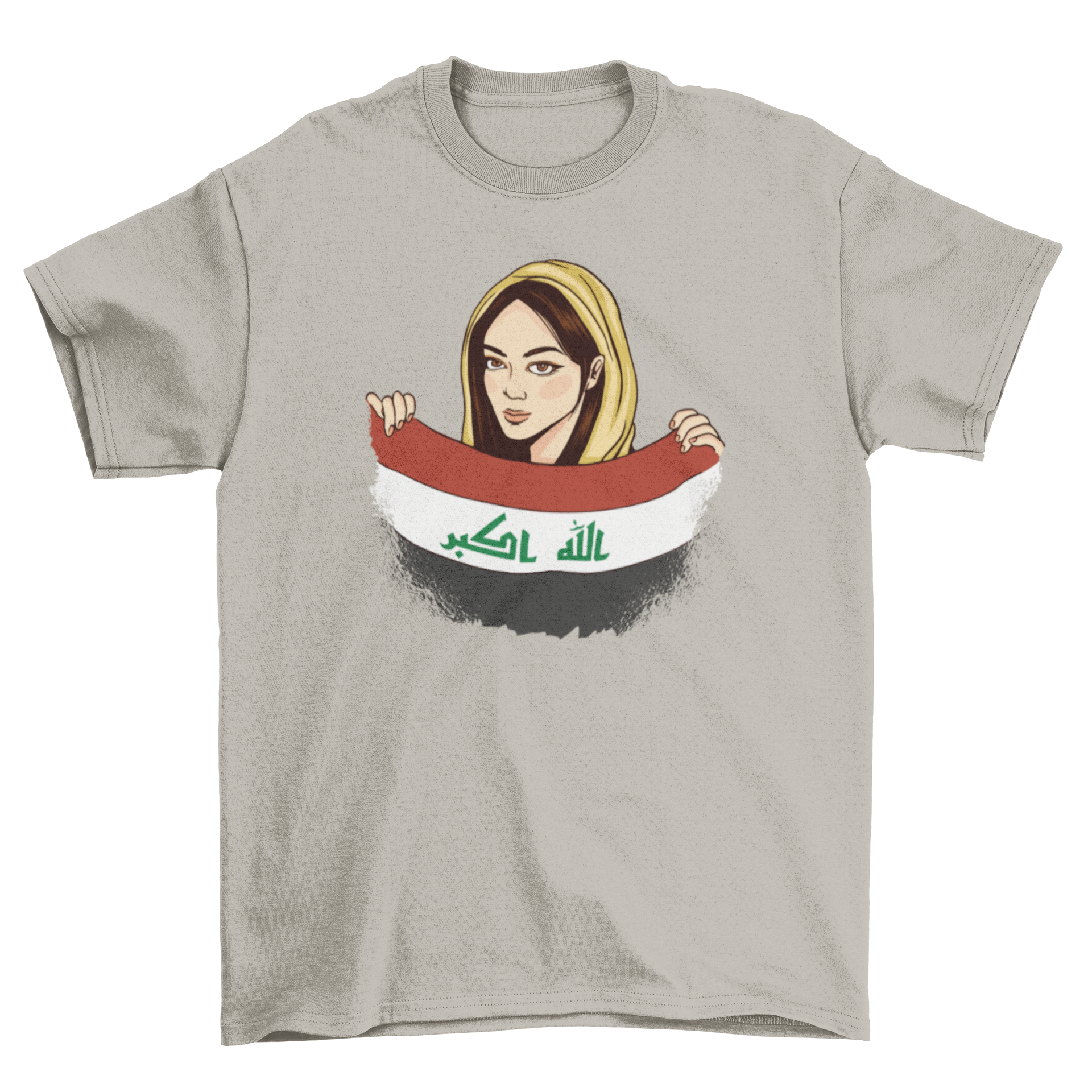 Irak Girl T-shirt featuring an Iraqi woman holding the Iraq flag, showcasing cultural pride.
