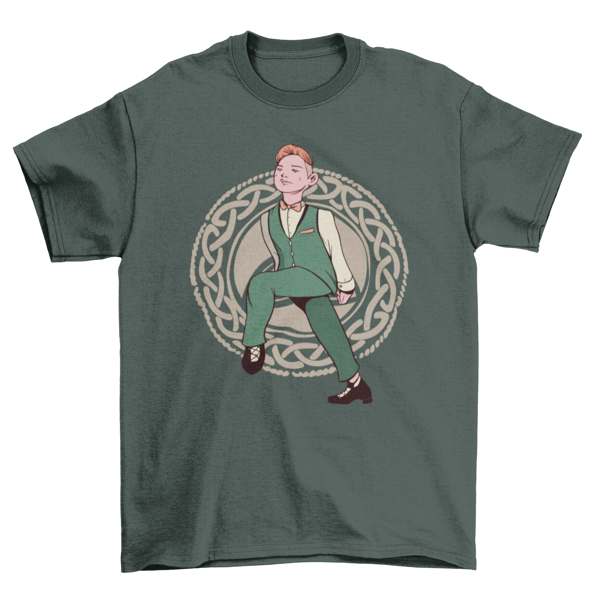 Irish male dancer t-shirt featuring a vibrant design of an Irish man dancing, showcasing cultural heritage.