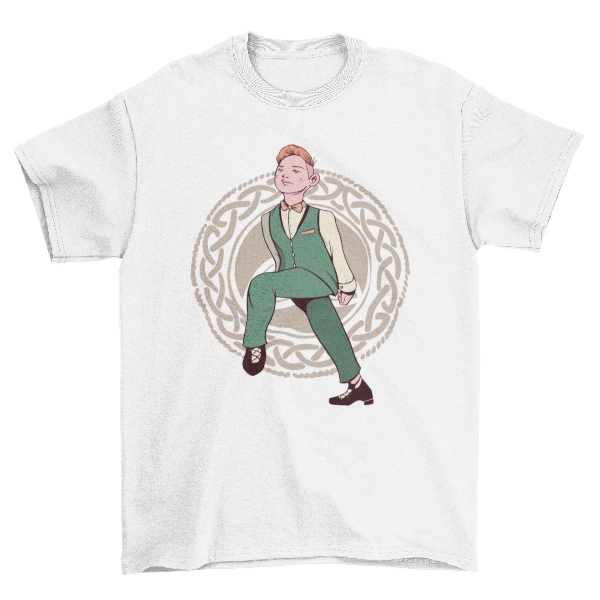 Irish male dancer t-shirt featuring a vibrant design of an Irish man dancing, showcasing cultural heritage.
