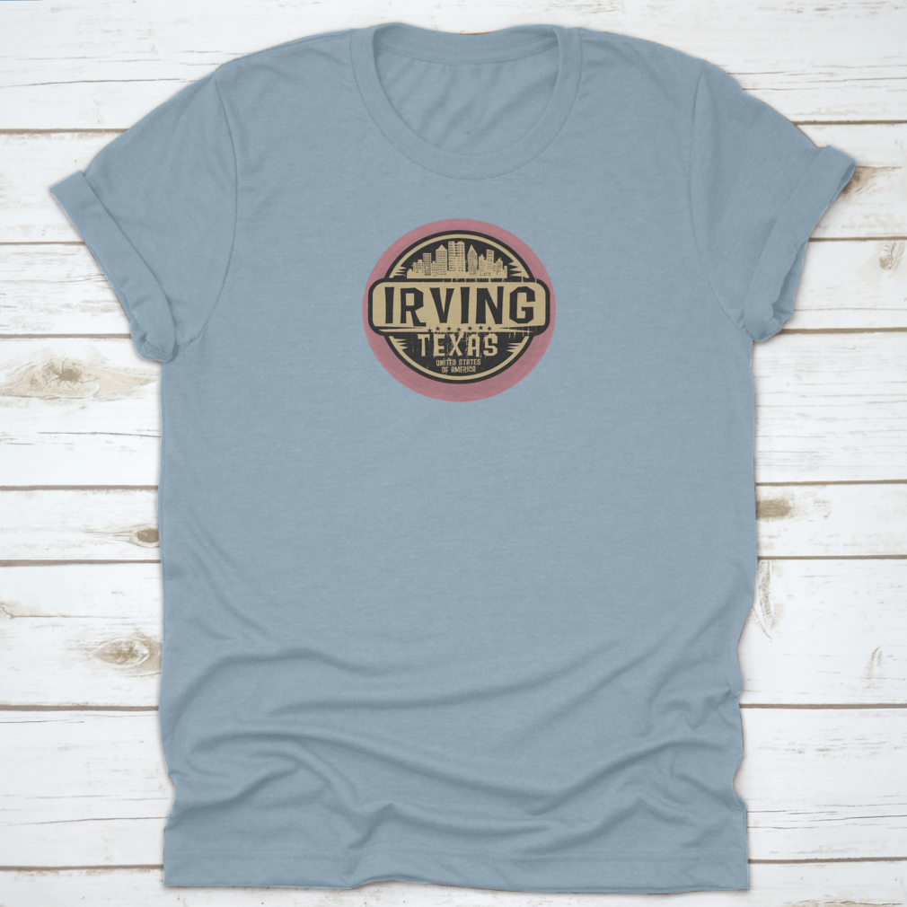 Irving Texas USA Label Stamp Logo Design on a cotton t-shirt, showcasing a stylish and comfortable fit.