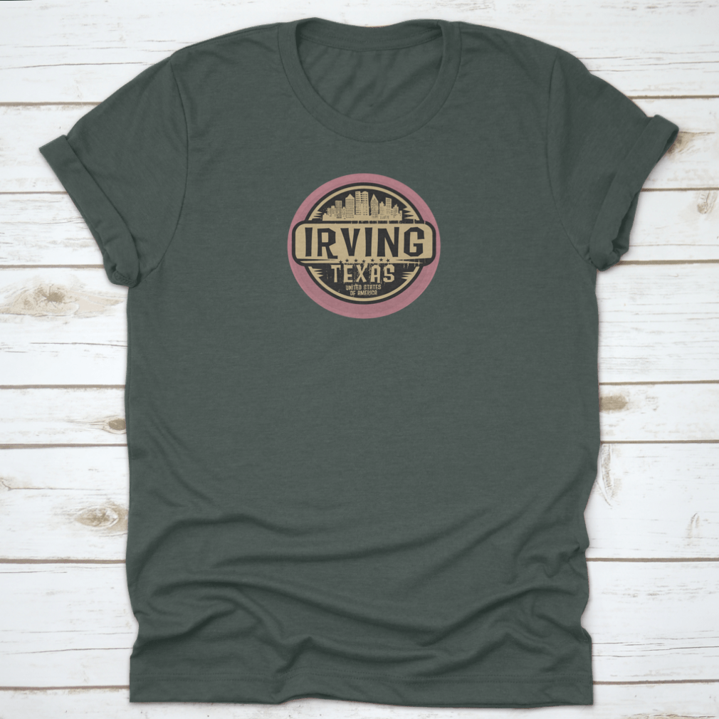 Irving Texas USA Label Stamp Logo Design on a cotton t-shirt, showcasing a stylish and comfortable fit.