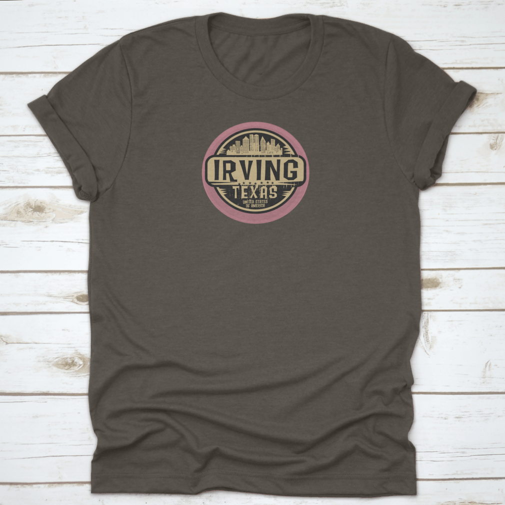 Irving Texas USA Label Stamp Logo Design on a cotton t-shirt, showcasing a stylish and comfortable fit.
