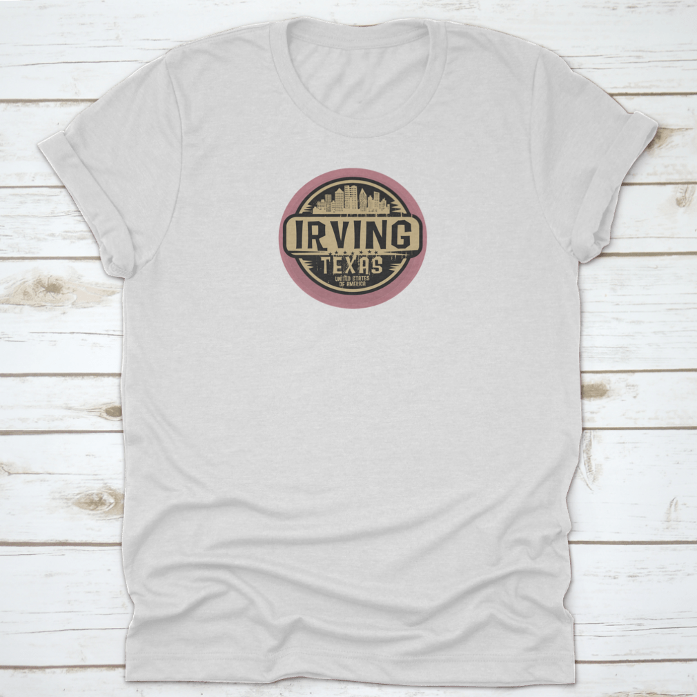 Irving Texas USA Label Stamp Logo Design on a cotton t-shirt, showcasing a stylish and comfortable fit.