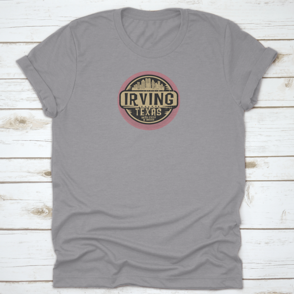 Irving Texas USA Label Stamp Logo Design on a cotton t-shirt, showcasing a stylish and comfortable fit.