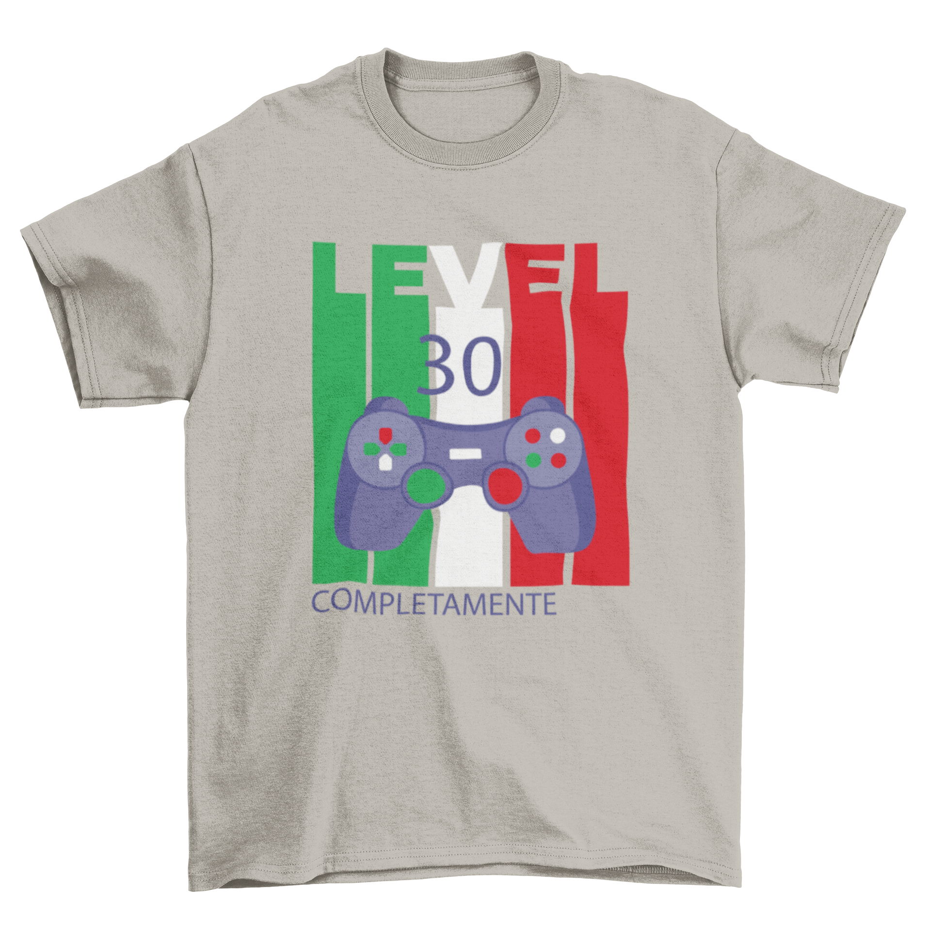 Italian flag joystick t-shirt design featuring vibrant colors and 'Level 30' quote.