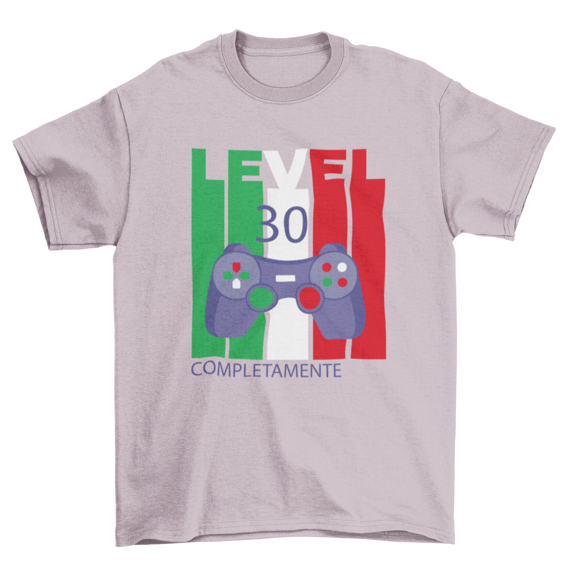 Italian flag joystick t-shirt design featuring vibrant colors and 'Level 30' quote.