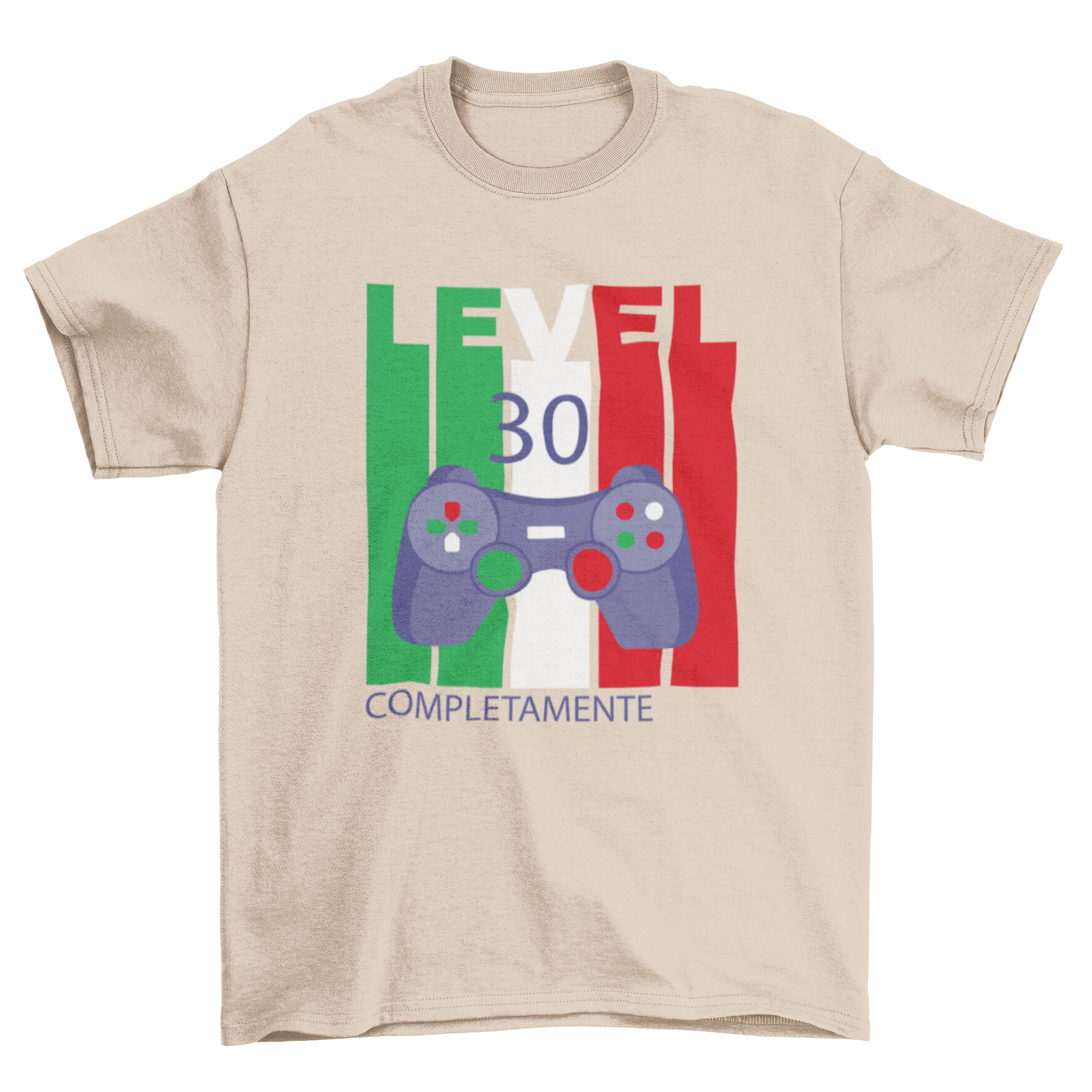 Italian flag joystick t-shirt design featuring vibrant colors and 'Level 30' quote.