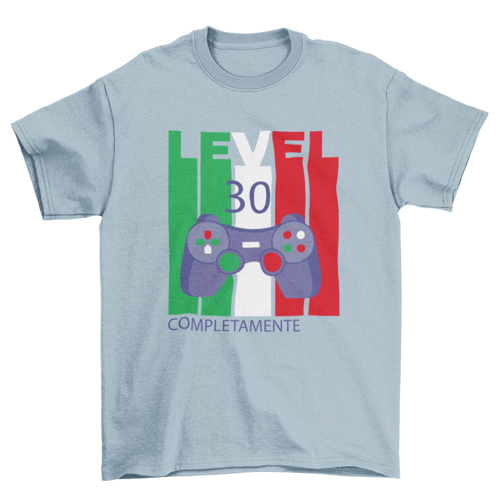 Italian flag joystick t-shirt design featuring vibrant colors and 'Level 30' quote.