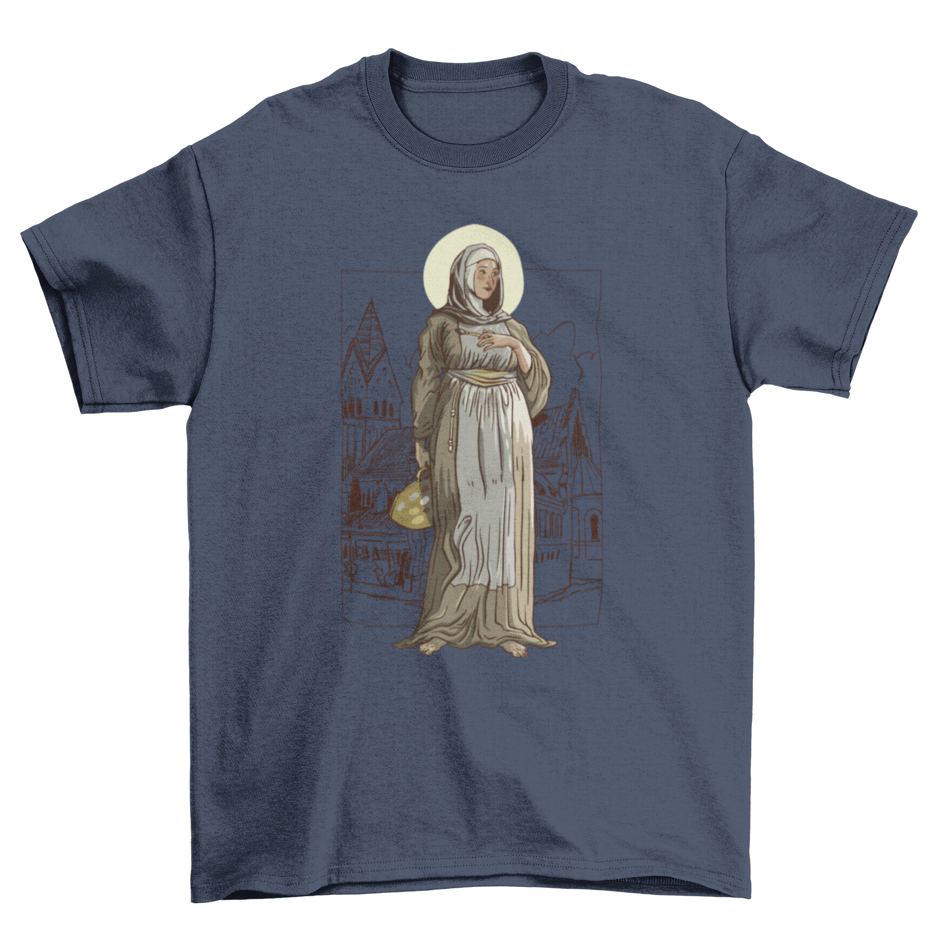A stylish t-shirt featuring an Italian nun holding a paintbrush against a city backdrop, symbolizing creativity and art.