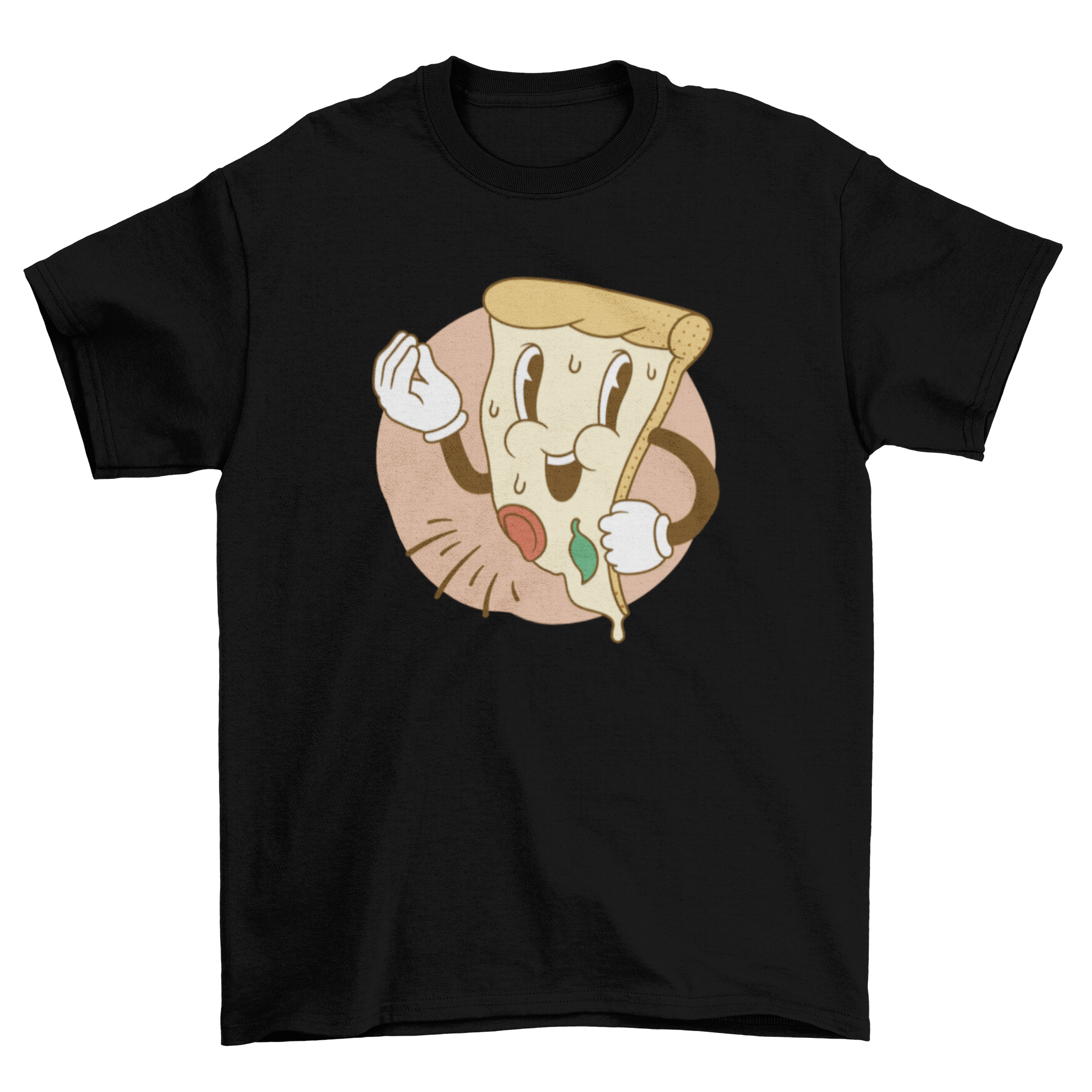A vibrant cartoon-style t-shirt featuring a pizza slice making an Italian gesture with its fingers, showcasing a fun and playful design.