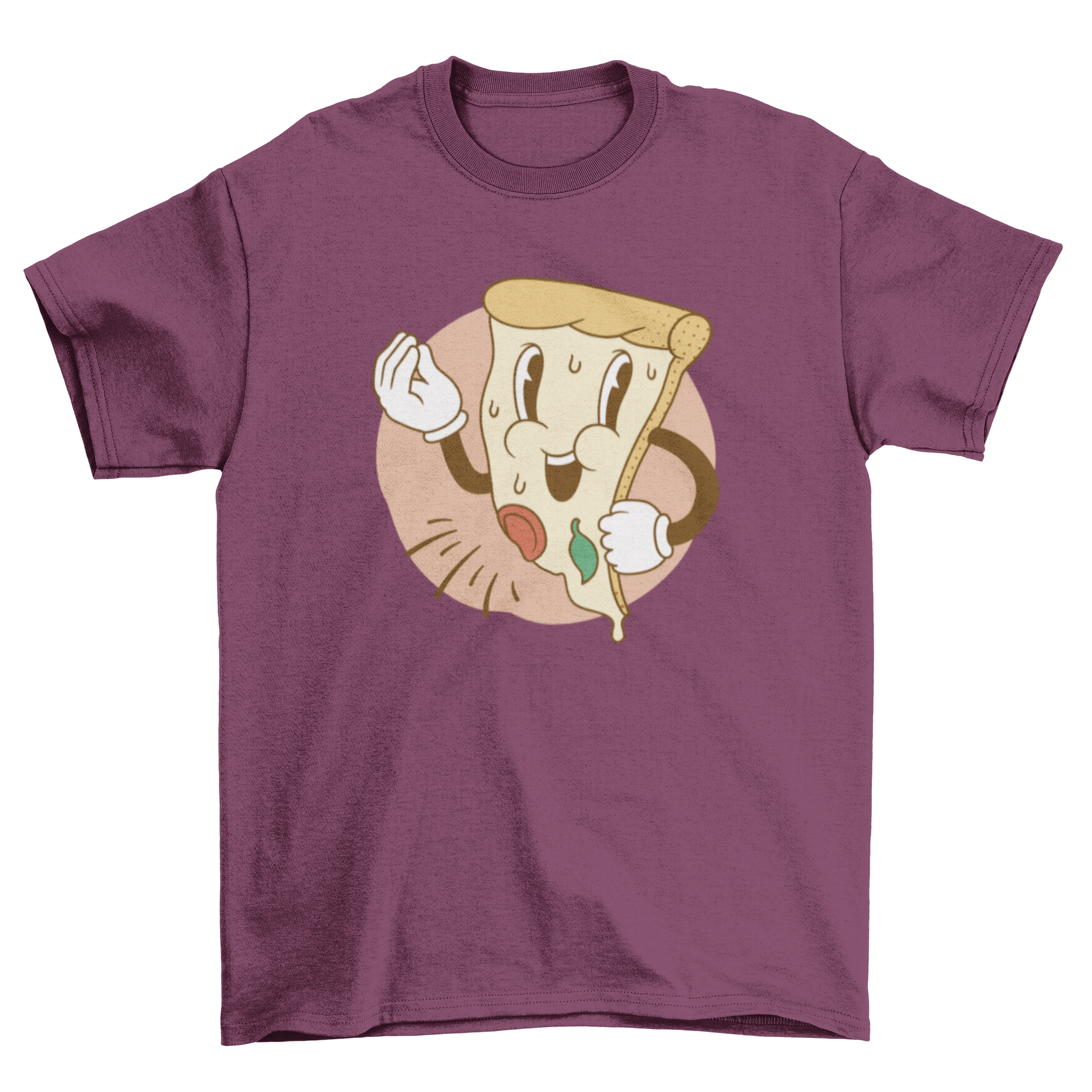A vibrant cartoon-style t-shirt featuring a pizza slice making an Italian gesture with its fingers, showcasing a fun and playful design.